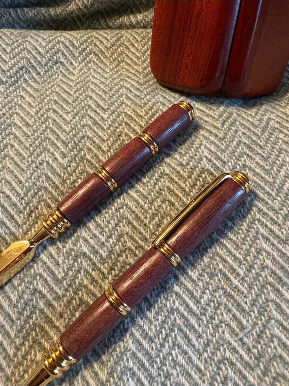 Wooden Ballpoint Pen and Letter Opener Set with Case - Mahogany Tone